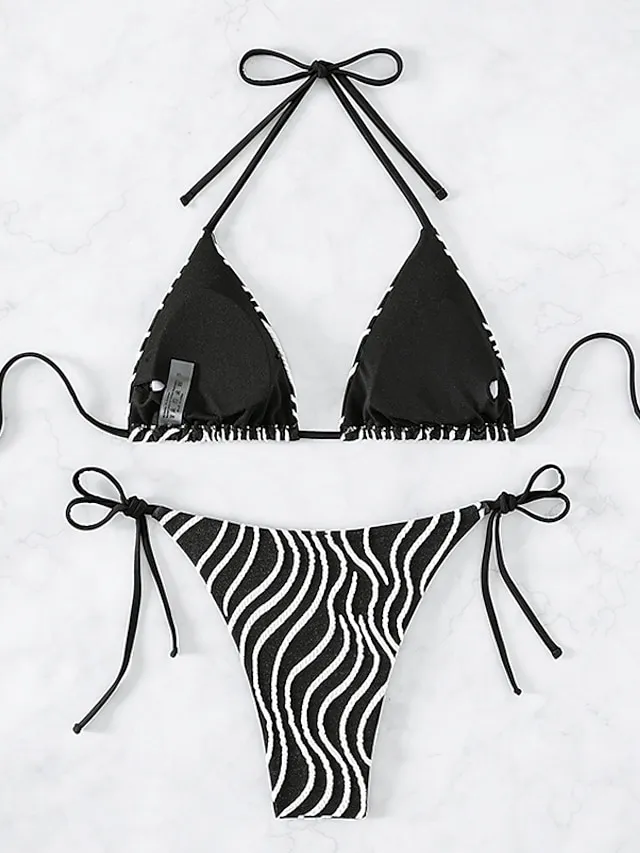 Mini Triangle Bikini Women's Stripes Swimwear Sexy Tropical Bikini Set Adjustable String Swimsuit Brazilian Biquinis Halter Neck Bathing Suits
