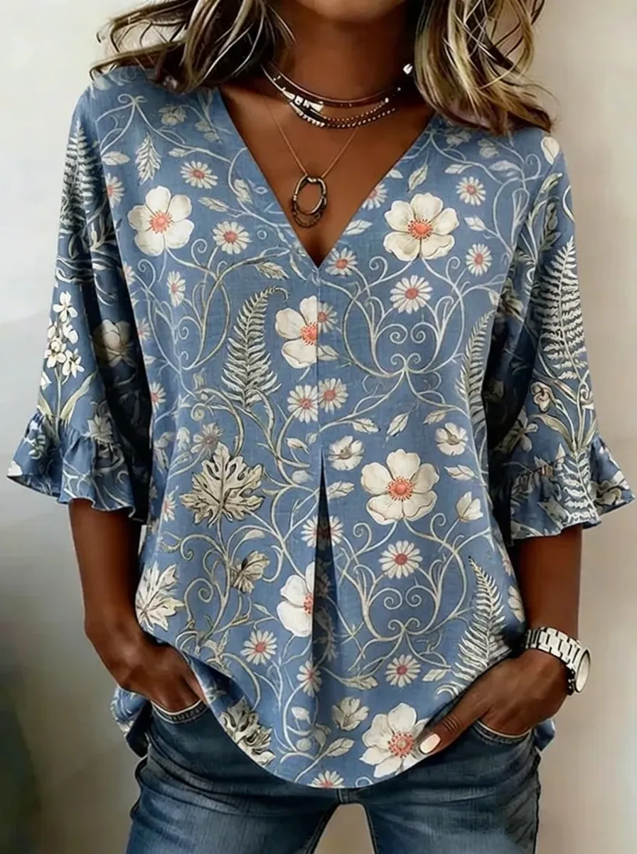 Women's Nashville Floral Fern Printed V-Neck Ruffle Top