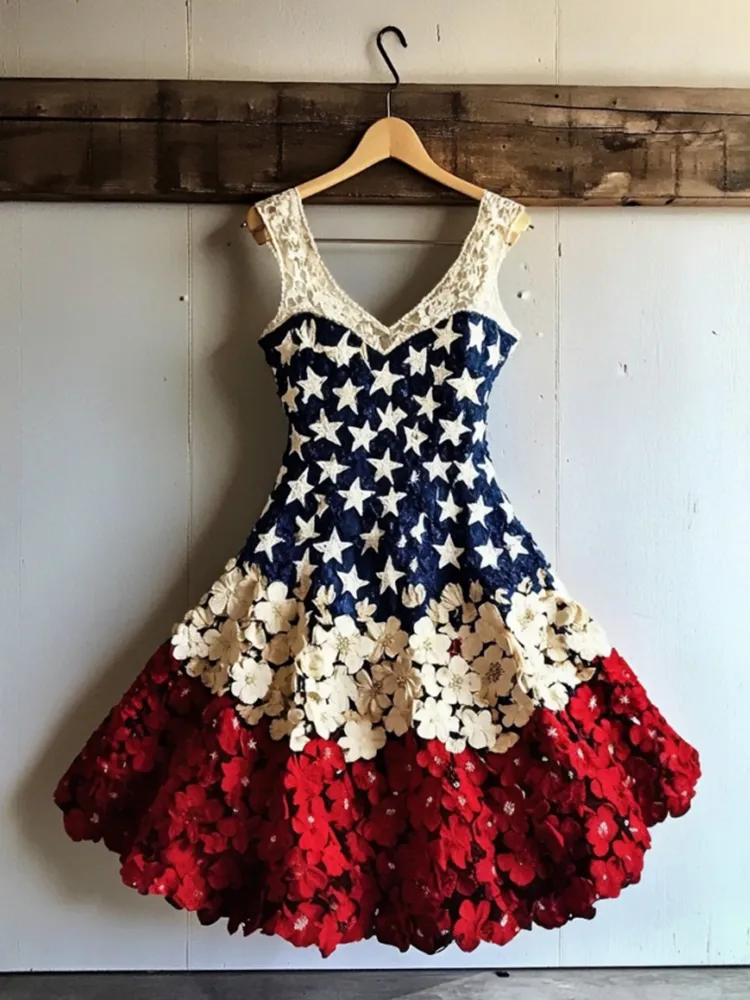 Women's Vintage Independence Day Flowers Art Mini Dress