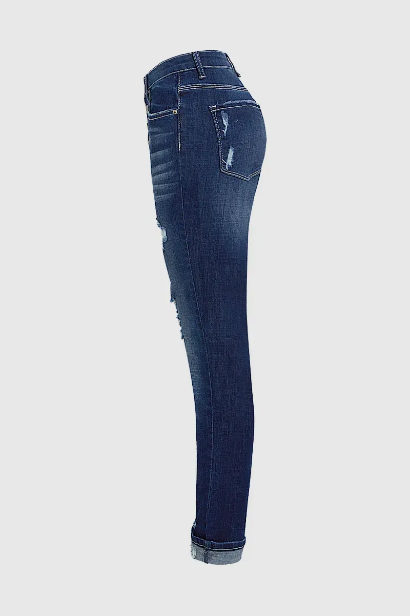 Multi Button Distressed Roll Up Hem Mid Waist Skinny Jeans