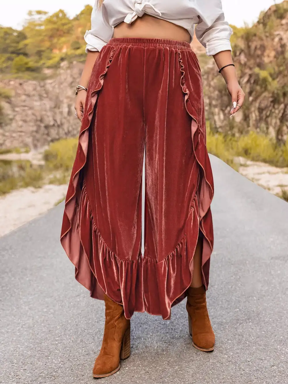 Relaxed Plus Size Velvet Ruffle Hem Wide Leg Pants