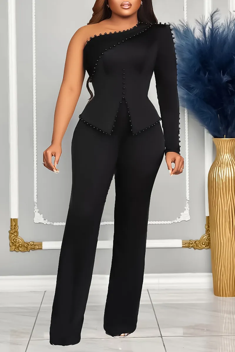Beads Single Long Sleeve A-Line Top Straight Leg Pants Matching Set-Black