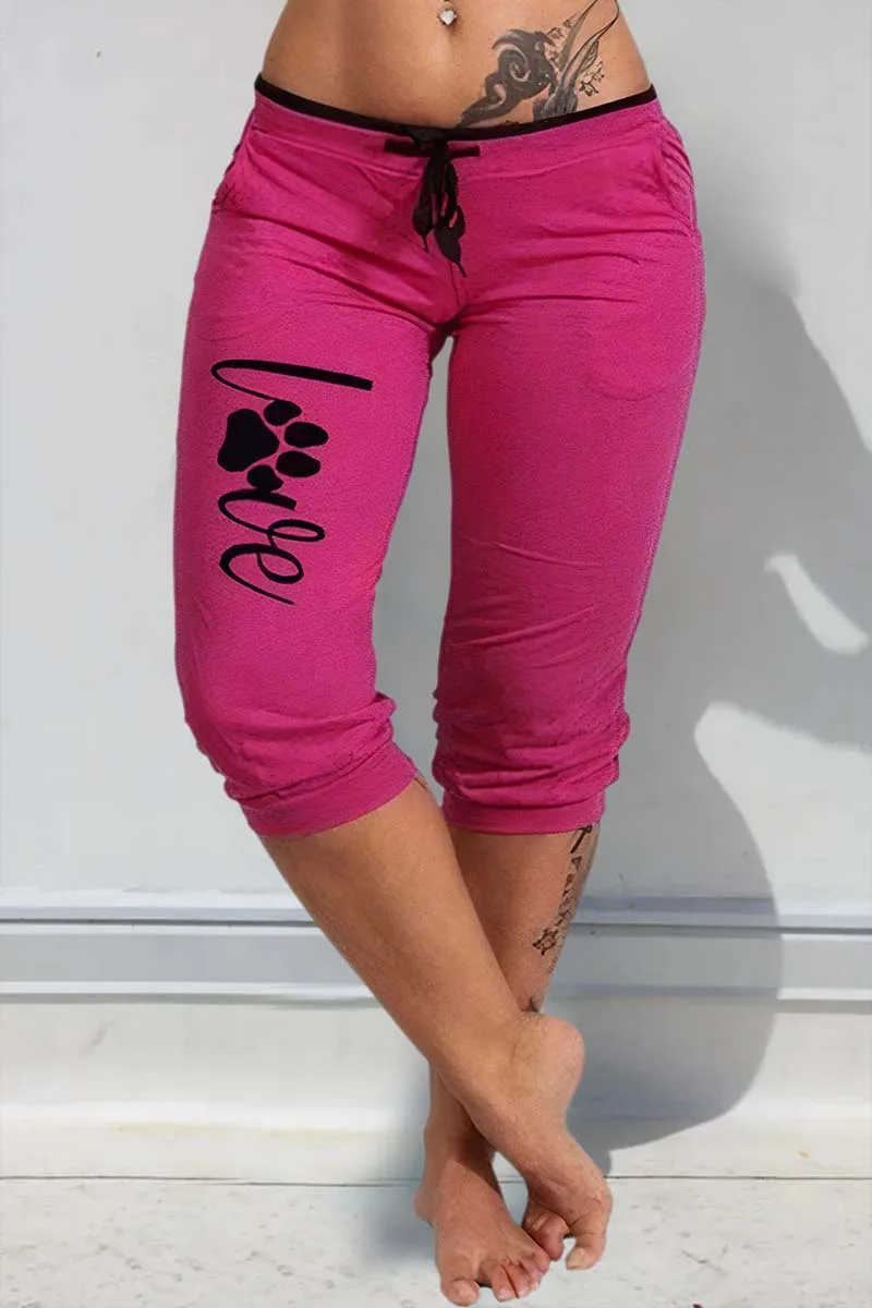Letter & Paw Print Drawstring Contrast Binding Capris Pants