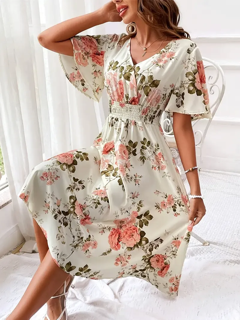 Women'S Plus Size Floral V-Neck Pencil Dress, Elegant Summer Woven Fabric with Shirred Waist Detail, 100% Polyester, Non-Stretch, 110 g/m² - Fashionable Floral Pattern