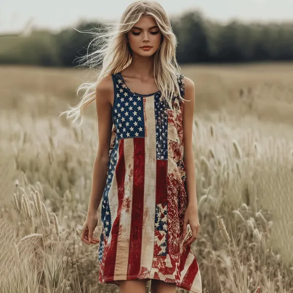 Vintage Independence Day Print Linen Tank Dress
