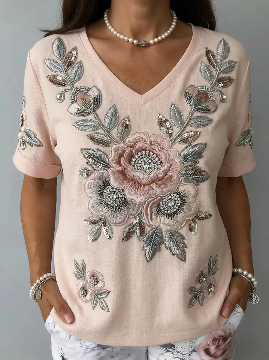 Women's Nashville Floral Sequin Embroidered Printed T-shirt