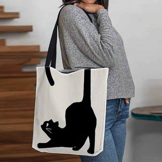 Women's Tote Shoulder Bag Canvas Tote Bag Customize Oxford Cloth Shopping Holiday Print Large Capacity Foldable Lightweight Cat Black / Red Custom Print White