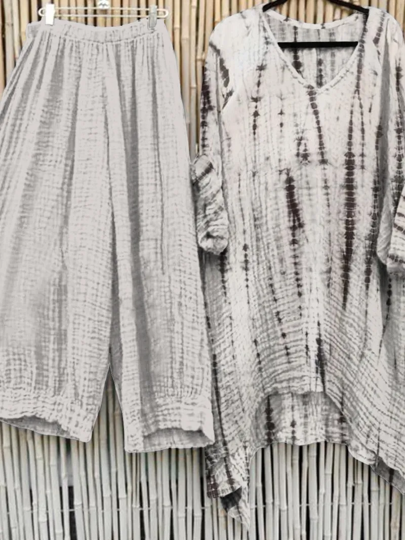 Women's tie dyed cotton and linen pants set, two-piece set 05