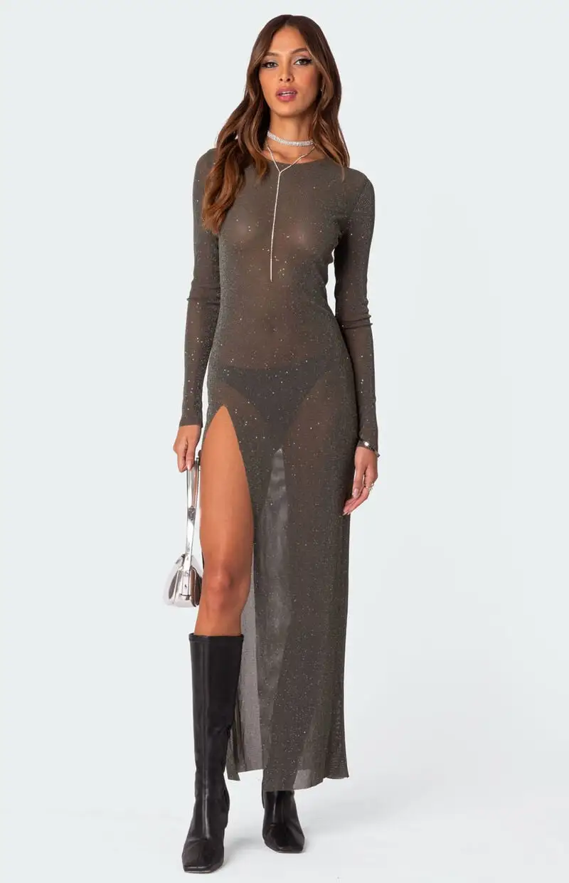 Edikted Glitter Mesh Slitted Maxi Dress