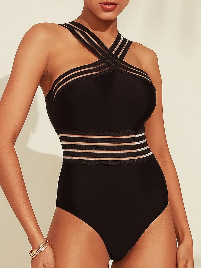 Cross Front Solid One-piece Swimsuit