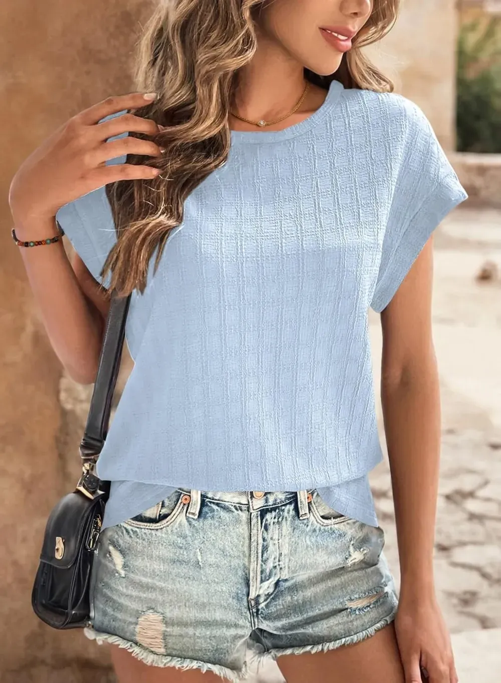 Dokotoo Tops for Women Trendy Summer Casual Cap Short Sleeve Basic Textured Solid Color Round Neck T Shirts Blouse