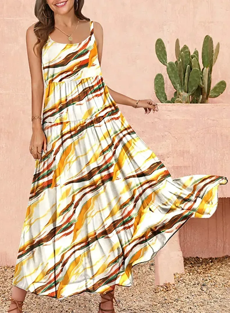 Summer Dresses for Women Casual Loose Bohemian Floral Dress with Pockets Spaghetti Strap Maxi Dress E75