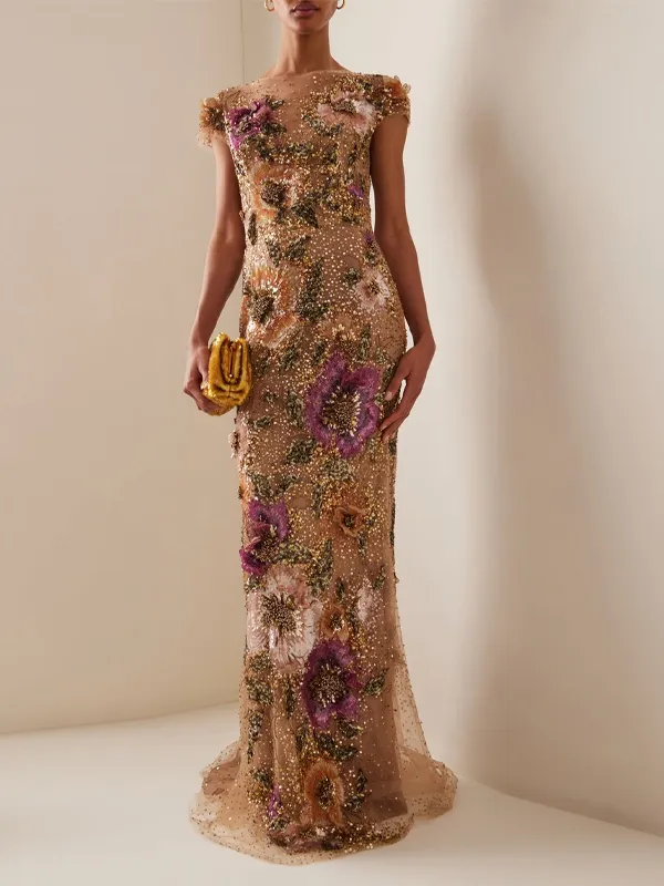 Round Neck Sequined Print Sheath Maxi Dress