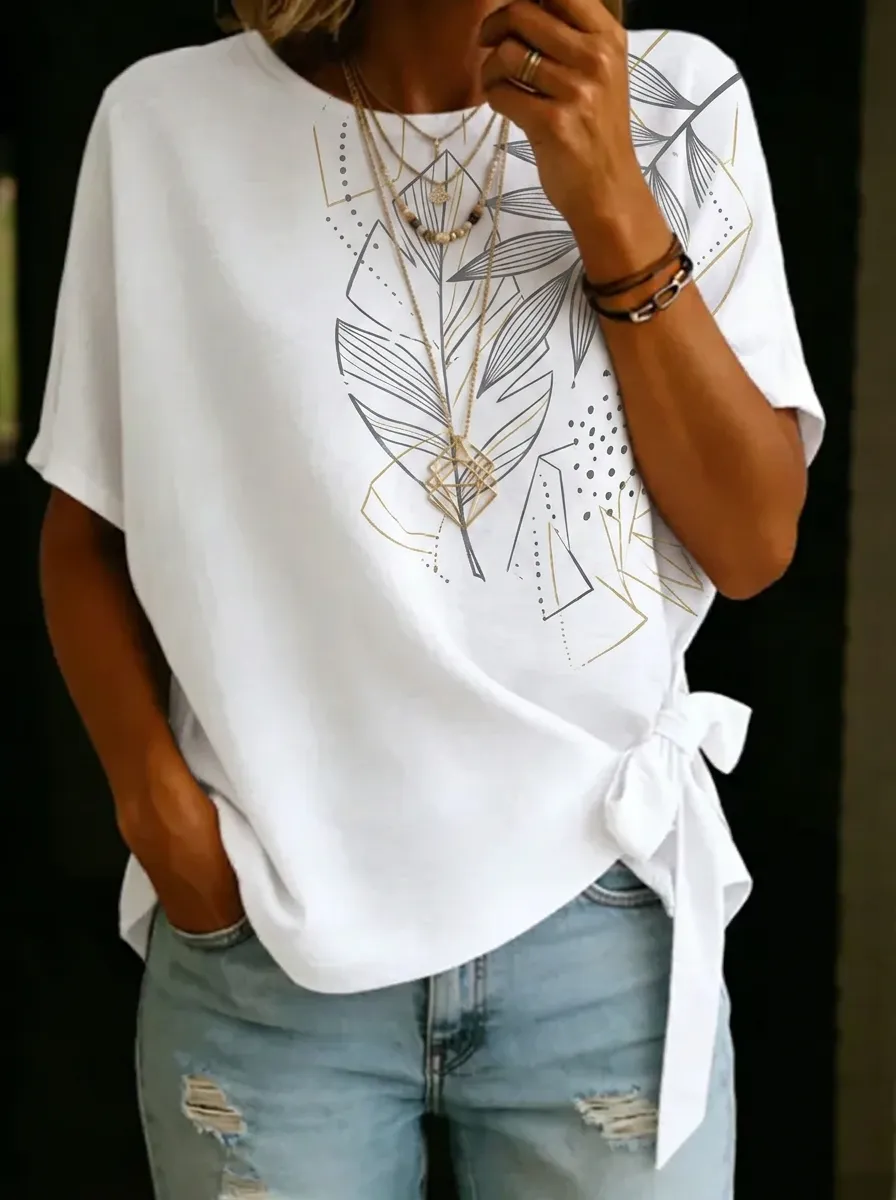 Women's Nashville Botanical Abstract Leaf Printed Tie-Side Top
