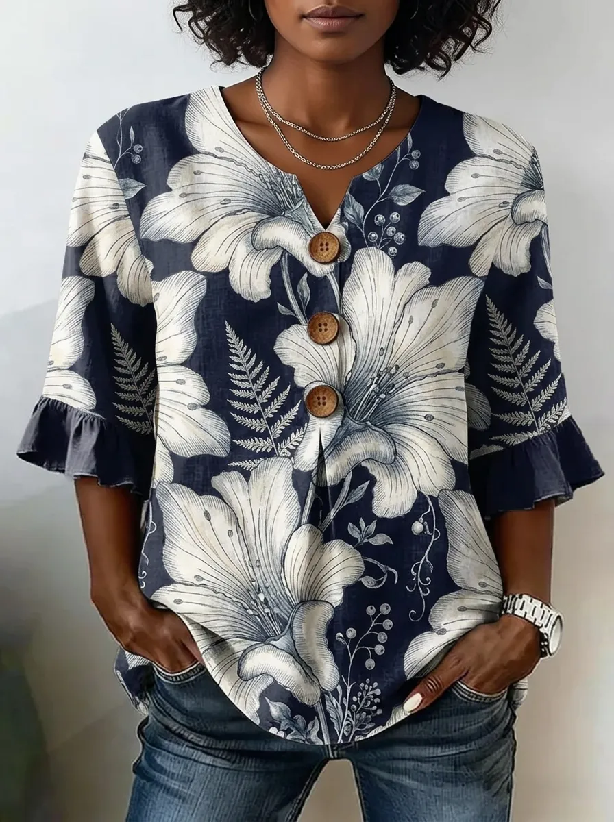 Women's Nashville Floral Botanical Printed V-Neck Button-Up Top