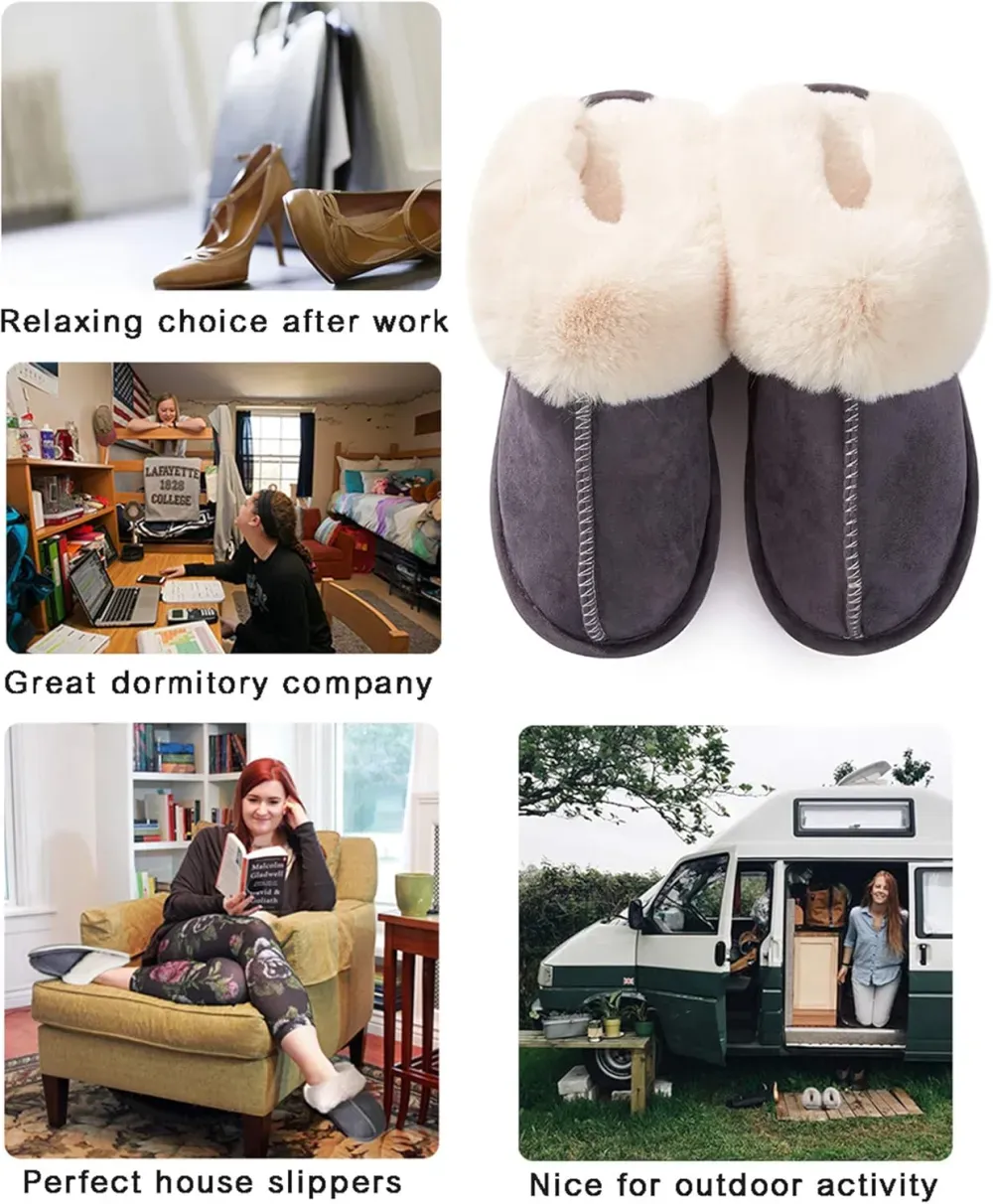 Womens Slipper with Memory Foam Fluffy Soft Warm Slip On House Slippers Anti-Skid Cozy Plush for Indoor Outdoor