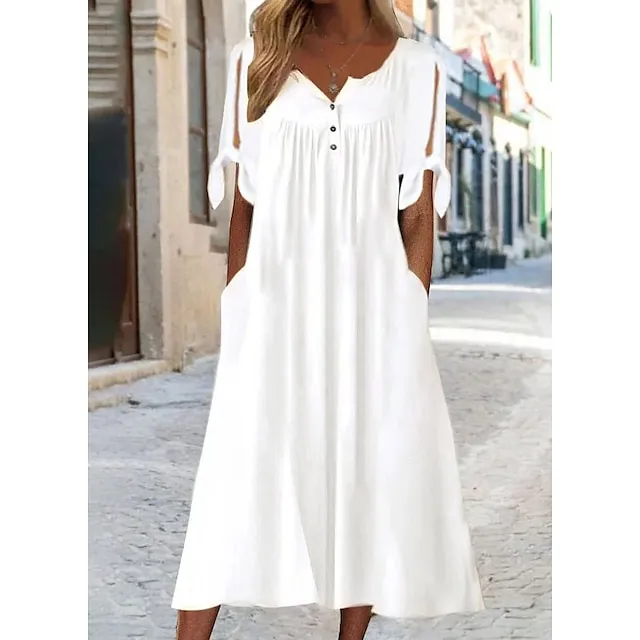 Women's Casual Dress Shift Dress White Dress Midi Dress White Short Sleeve Pure Color Button Summer Spring V Neck Basic Vacation Loose Fit 2023 S M L XL XXL 3XL