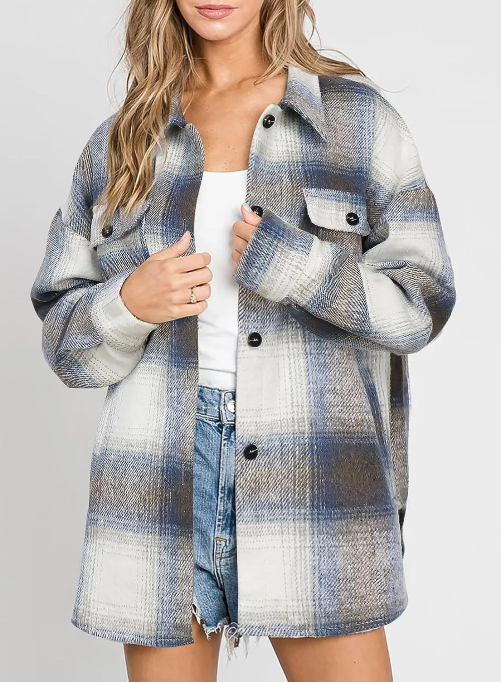 Women's Flannel Plaid Shacket Long Sleeve Button Down Chest Pocketed Shirts Jacket Coats
