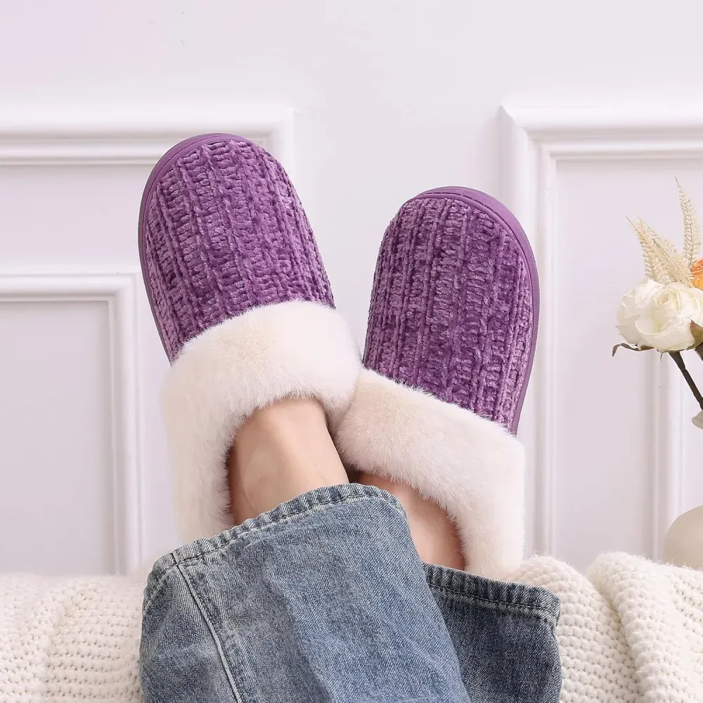 Warm Knit House Slippers for Women Comfy Wool-Like Lined Chenille Slippers with Memory Foam and Indoor Outdoor Soles