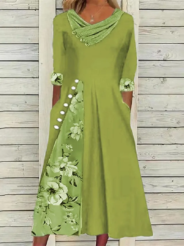 Women‘s Swing Dress Midi Dress Green Blue Gray Half Sleeve Floral Split Print Summer Spring V Neck Stylish Casual 2023 S M L XL XXL 3XL