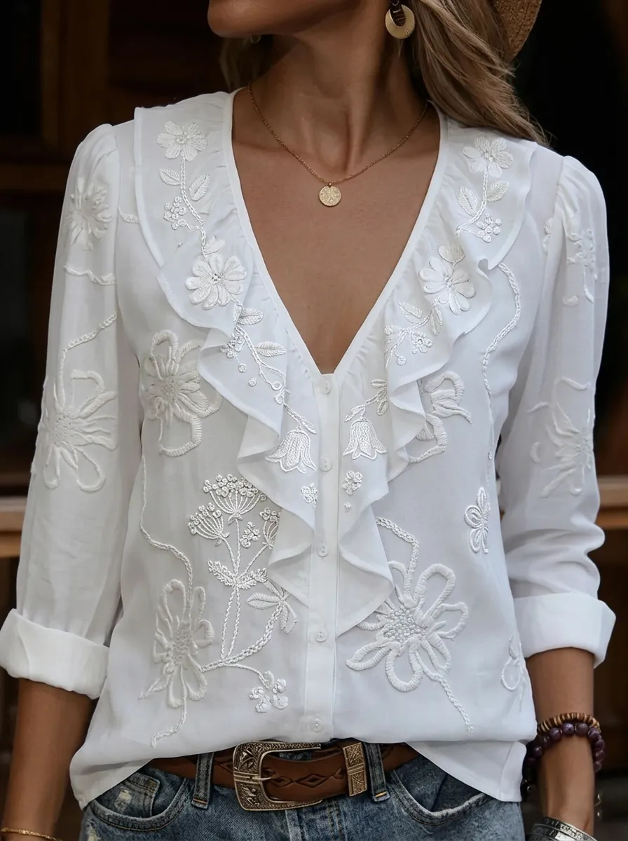 Women's Nashville Floral Embroidered Ruffle V-Neck Blouse