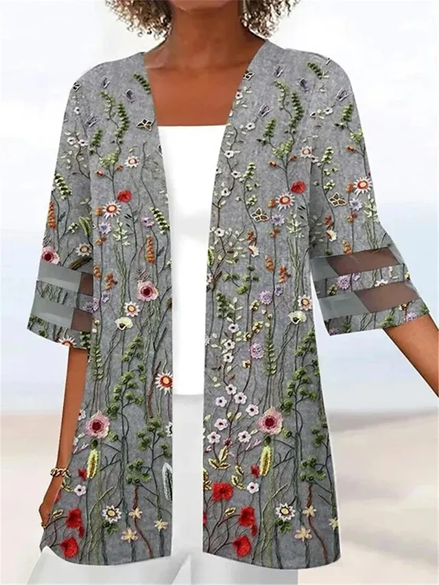 Women's Jacket Casual Jacket Outdoor Patchwork Floral Breathable Fashion Regular Fit Outerwear 3/4 Length Sleeve Summer Light Pink S