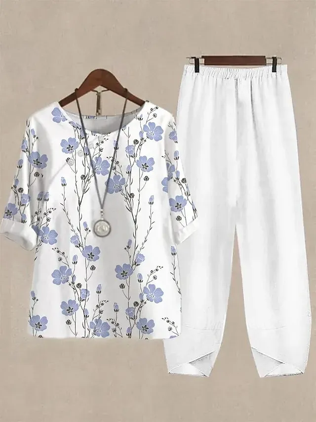 Women's Shirt Pants Sets Pants Trousers Basic White Pink Casual Daily Floral Print Crew Neck S M L XL 2XL