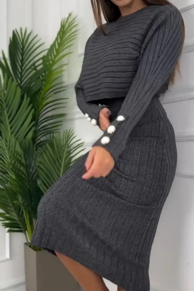 Women's Round Neck Long Sleeve Knitted Sweater Casual Suit Dress