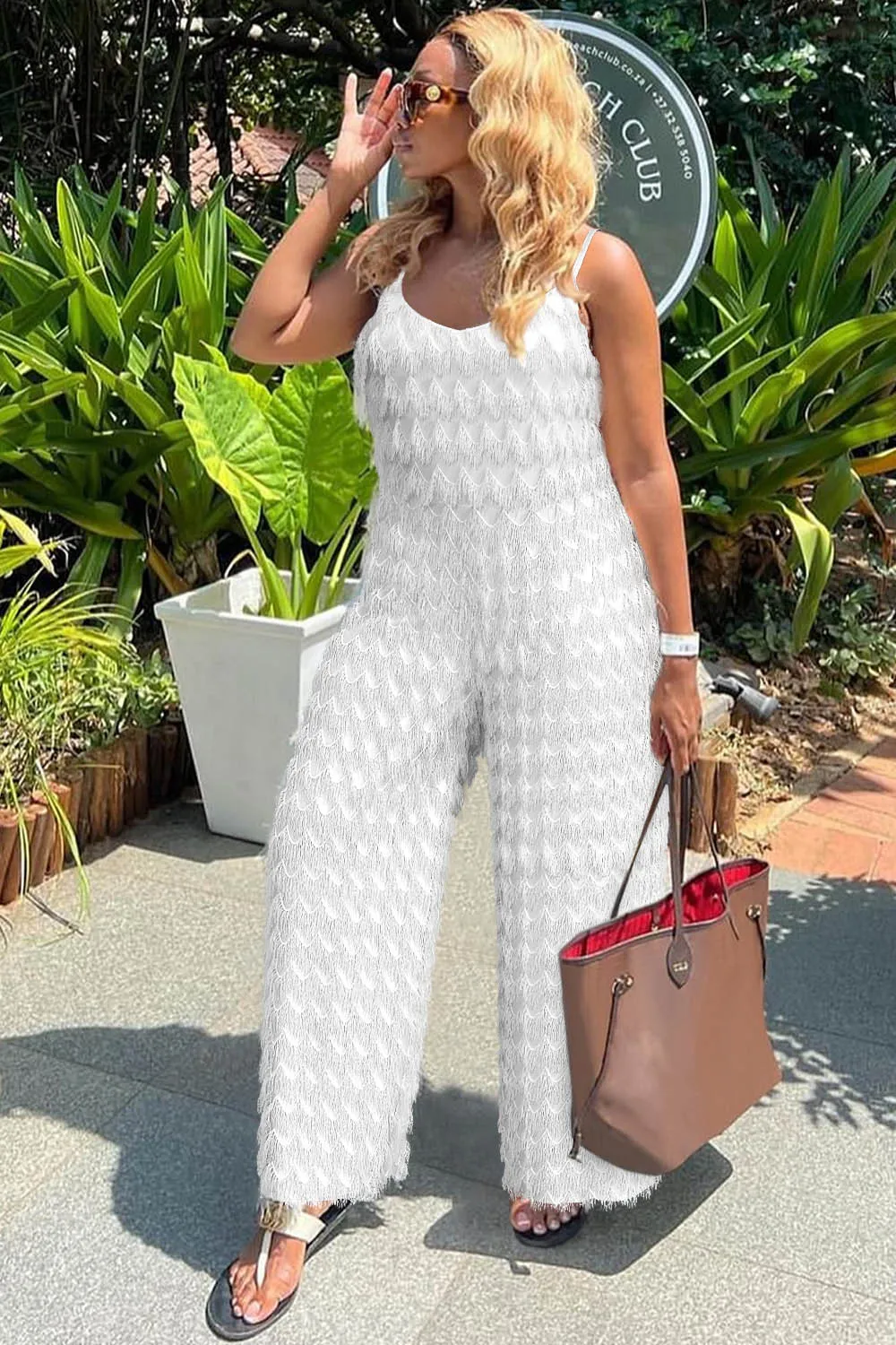 Elegant Tiered Fringe Wide Leg Cami Jumpsuit-White