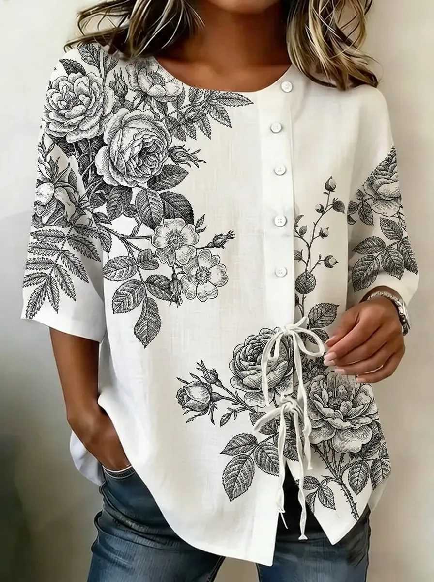 Women's Nashville Floral Botanical Printed Button-Up Top