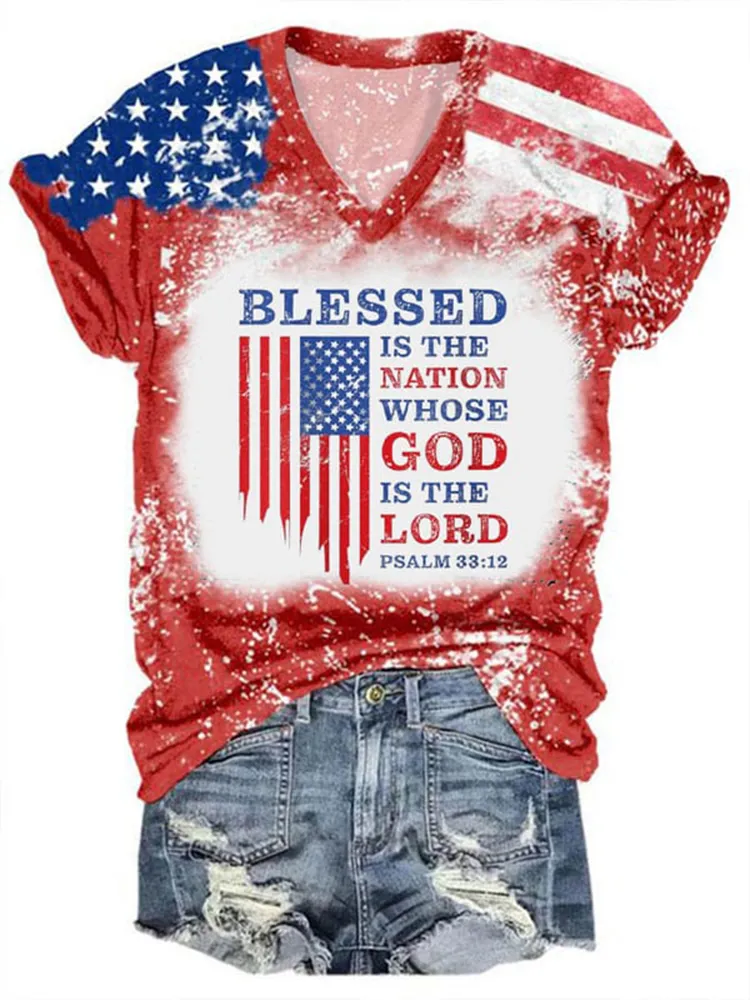 Women's Blessed Nation Psalm 33:22 4th Of July Print V-Neck T-Shirt