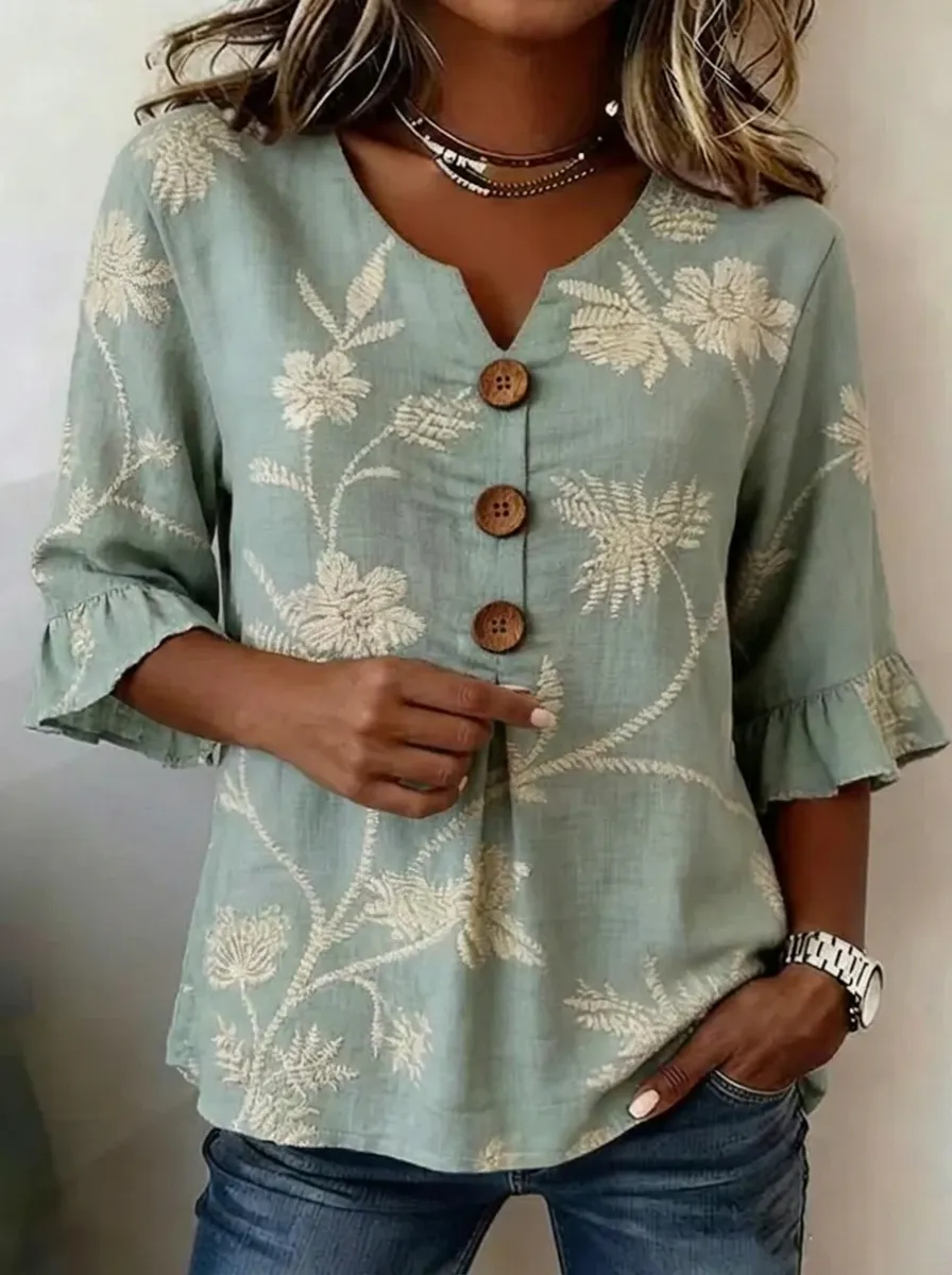 Women's Nashville Floral Botanical Printed Button-Down V-Neck Top