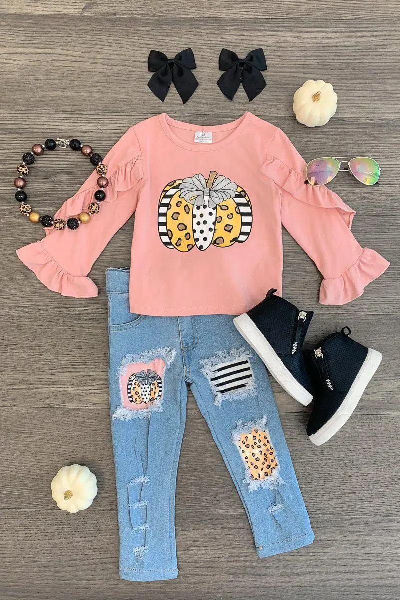 Pink Pumpkin Distressed Denim Pant Set