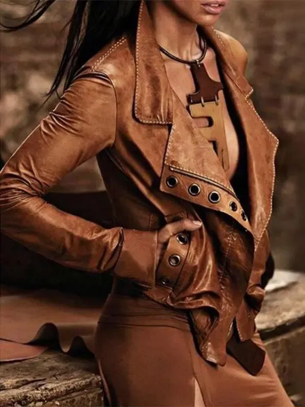 Vintage Western Leather Jacket Long Sleeve Short Stitching Jacket