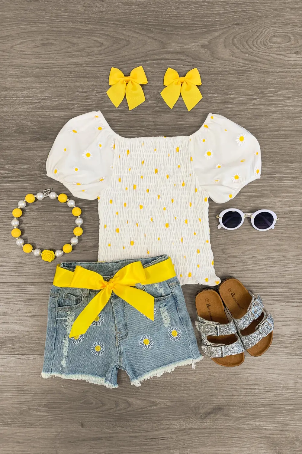 White Daisy Distressed Denim Short Set