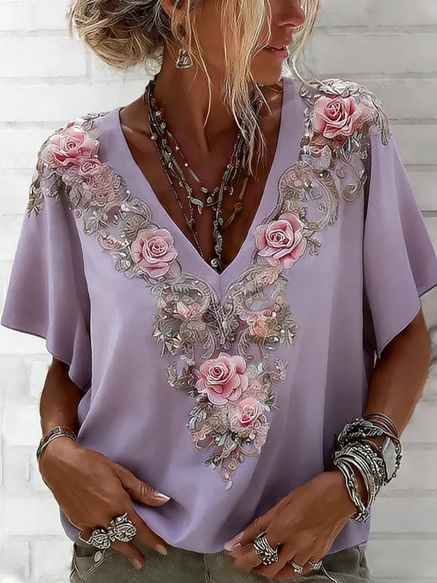 Women's Pink Rose Art Printed V-neck Short Sleeve Linen Blended T-shirt