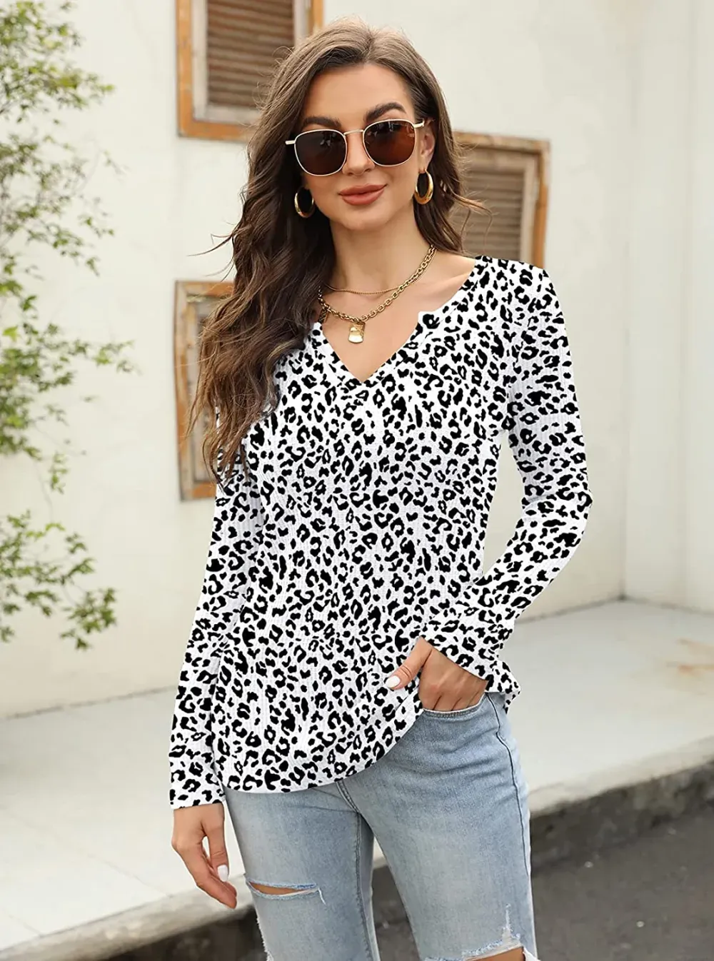 Women's V Neck Waffle Knit Henley Tops Casual Long Sleeve Pullover Sweater Blouses