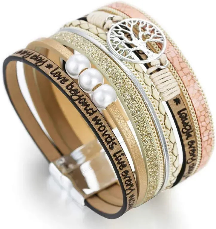 Fesciory Leather Wrap Bracelets for Women, Boho Leopard Multi-Layer Crystal Beads Cuff Bracelet Jewelry