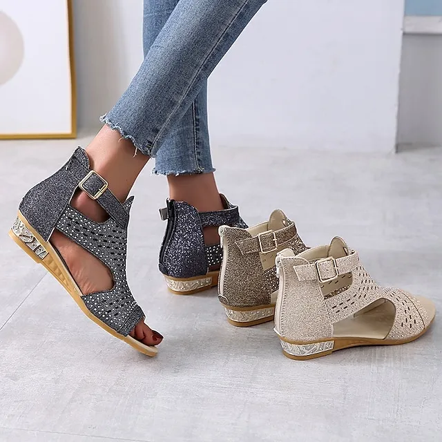 Women's Sandals Wedge Sandals Plus Size Party Outdoor Work Summer Spring Rhinestone Wedge Heel Peep Toe Elegant Classic Casual Faux Leather Zipper Solid Color Black Gold Beige