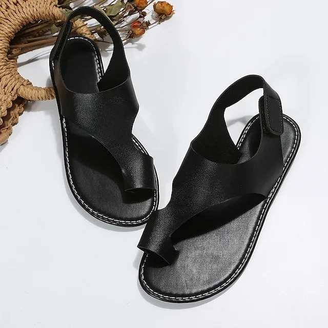 Women's Sandals Flat Sandals Orthopedic Sandals Bunion Sandals Plus Size Outdoor Daily Beach Summer Flat Heel Open Toe Casual Minimalism Faux Leather Magic Tape Solid Color Black White Brown