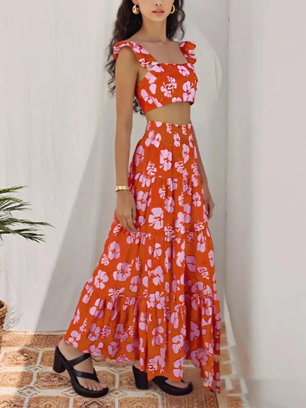 Crop Top Tiered Maxi Skirt Set