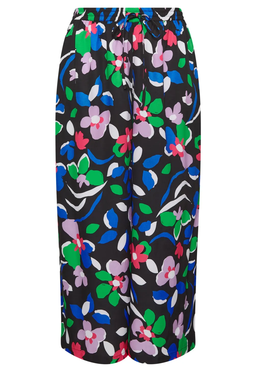 Yours Curve Black Leaf Print Drawstring Wide Leg Trousers