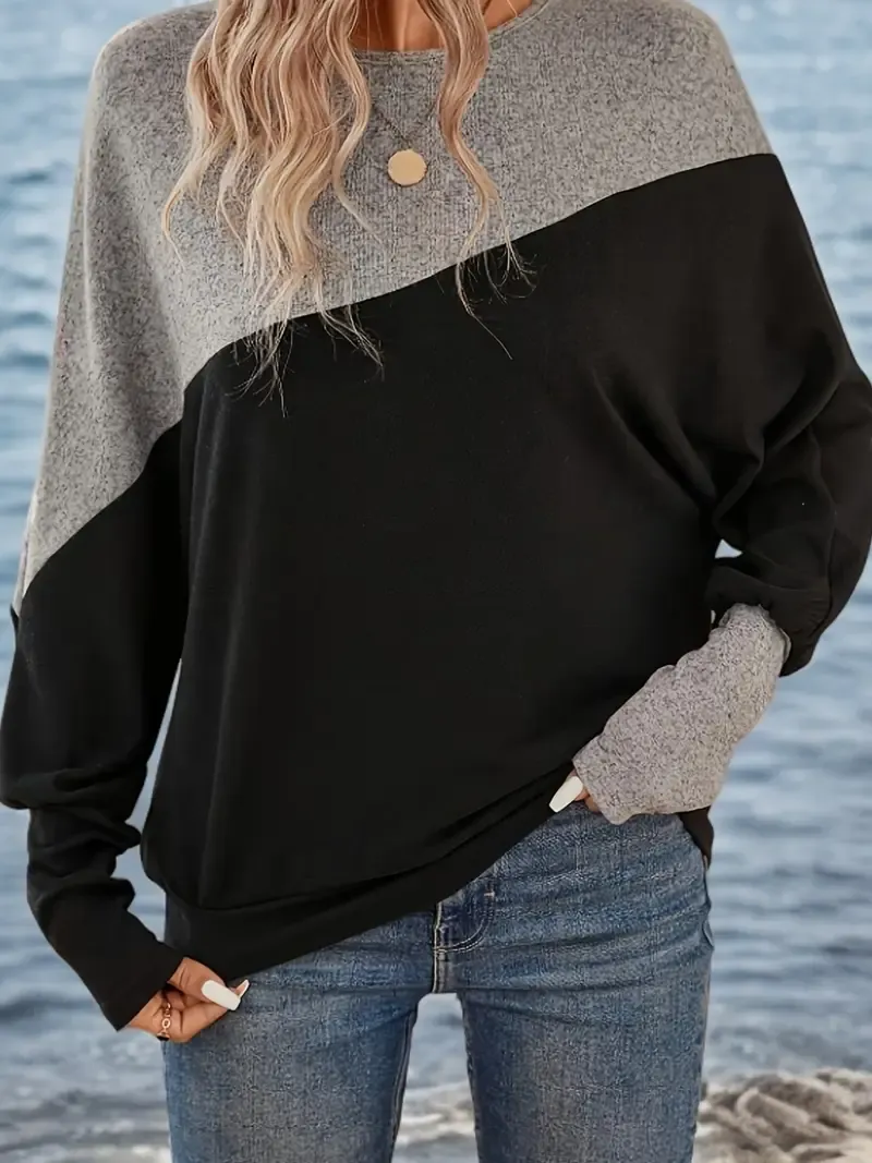 Color-Blocked Long-Sleeve Crew Neck Top
