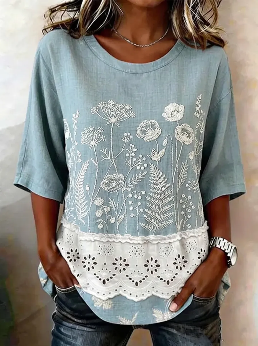 Women's Nashville Floral Botanical Embroidered Printed Top