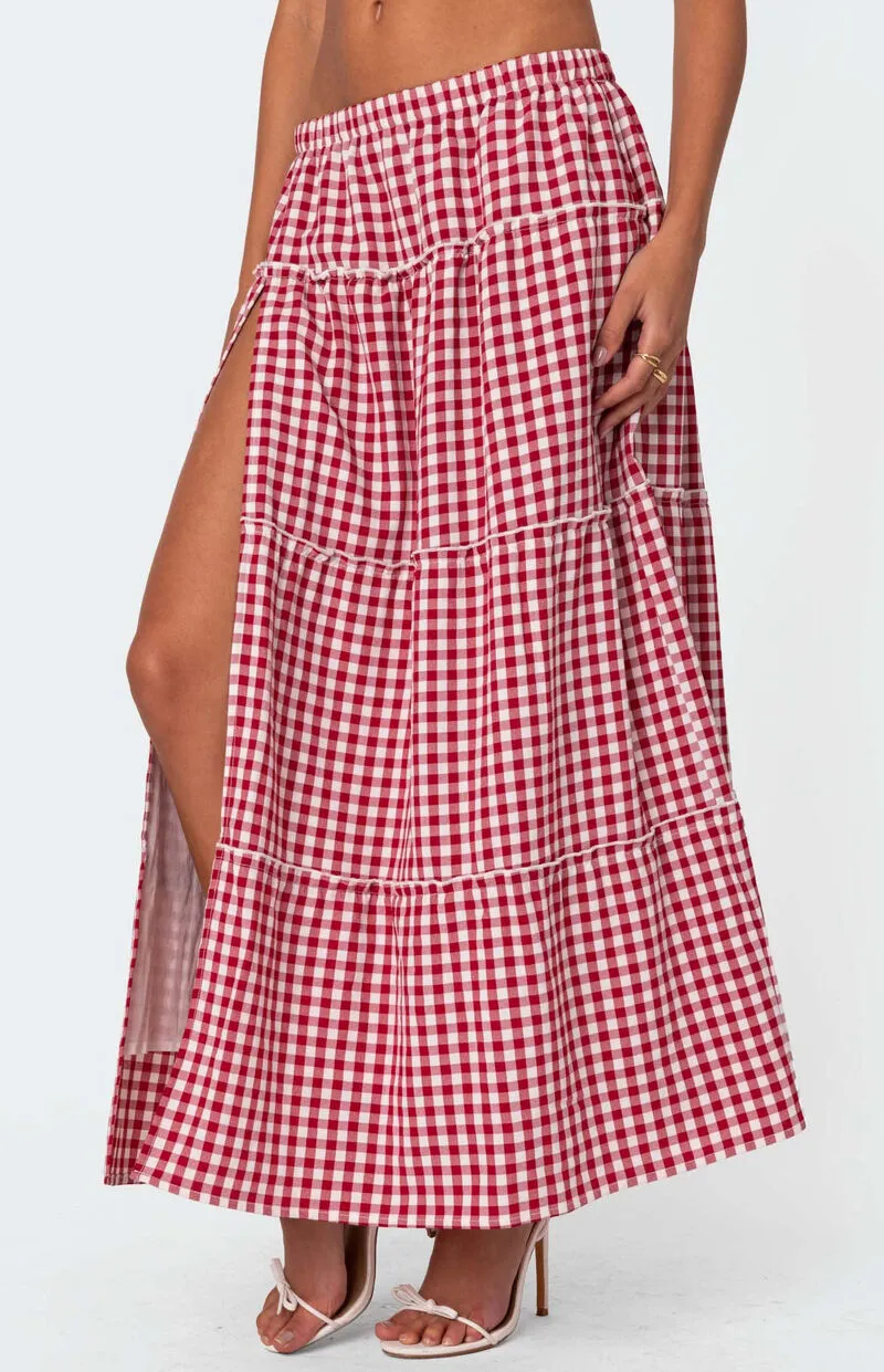 Edikted Gingham Side Slit Tiered Maxi Skirt