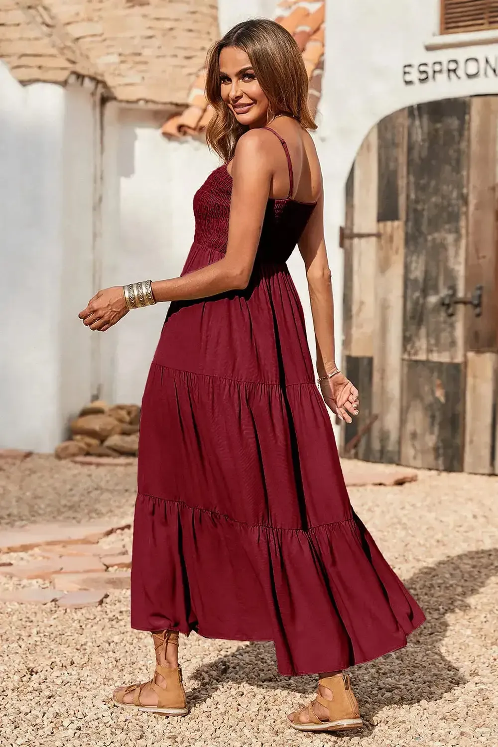 Sleeveless Spaghetti Strap Smocked Tiered Maxi Dress