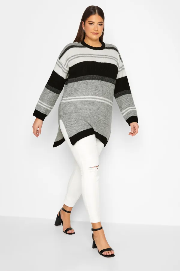 YOURS LUXURY Curve Grey Stripe Longline Jumper