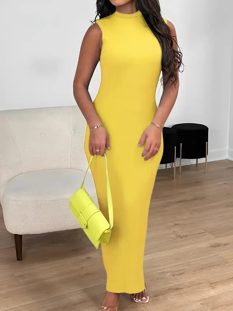 Women's Summer 2023 Fashion Casual Knit Sleeveless Crew Neck Bodycon Pencil Dress, Polyester 95% Spandex 5%, Solid Color Long Length Skinny Fit