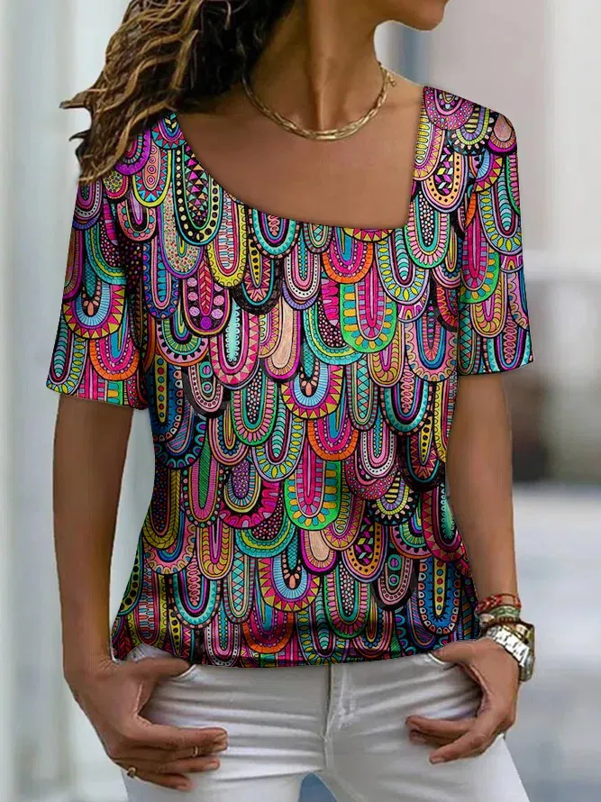 Color Block Asymmetrical Neck Vacation Casual Tops