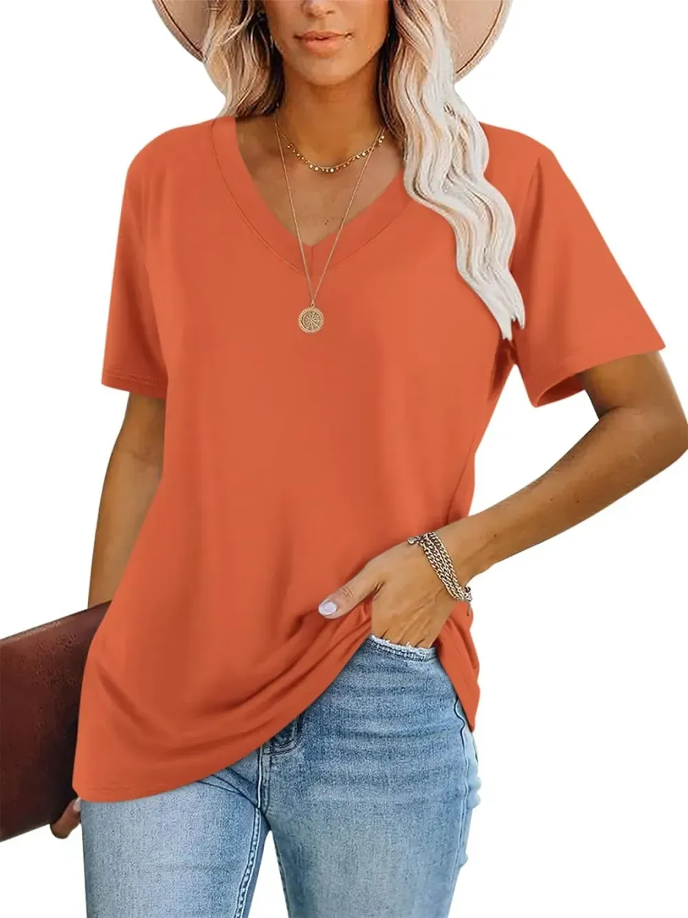 ORANDESIGNE Women's Color Block Short Sleeve T Shirts Casual V Neck Summer Tops Tees Loose Fit Blouses